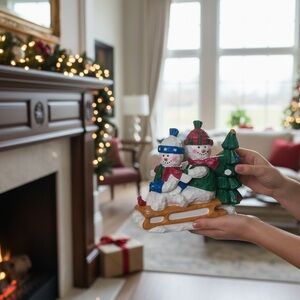 Festive Snowman Sledding Figurine